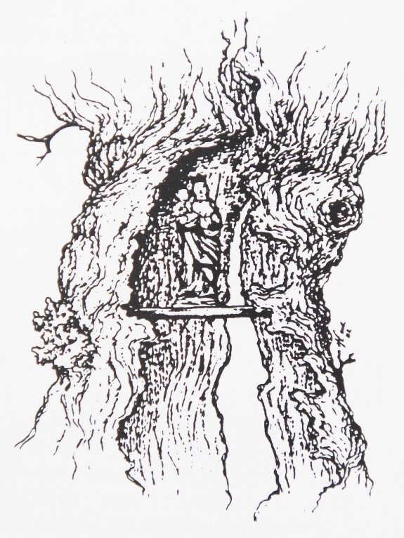 Muttergottesfigur im hohlen Baumstamm: Zeugnis früher Frömmigkeit in Eichenberg, zurückgehend auf ein Pestgelöbnis (Zeichnung von Heinrich Eich)